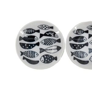 Sinyo Fish Shallow Plates Set 2 Black White Japan Good Whimsical Nautical 4in